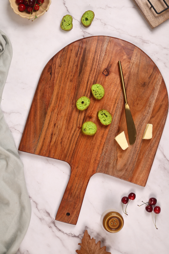 Handmade cheese board with knife