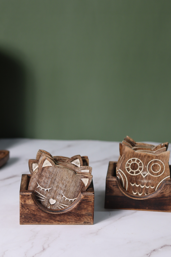 cat & owl coaster with wooden box