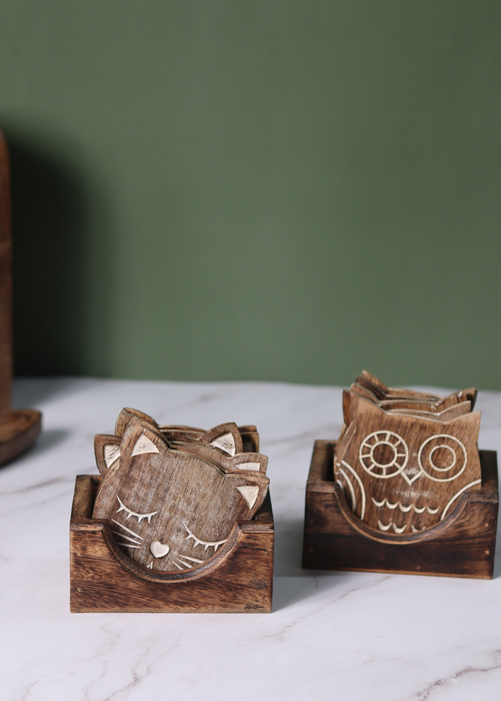 cat & owl coaster with wooden box