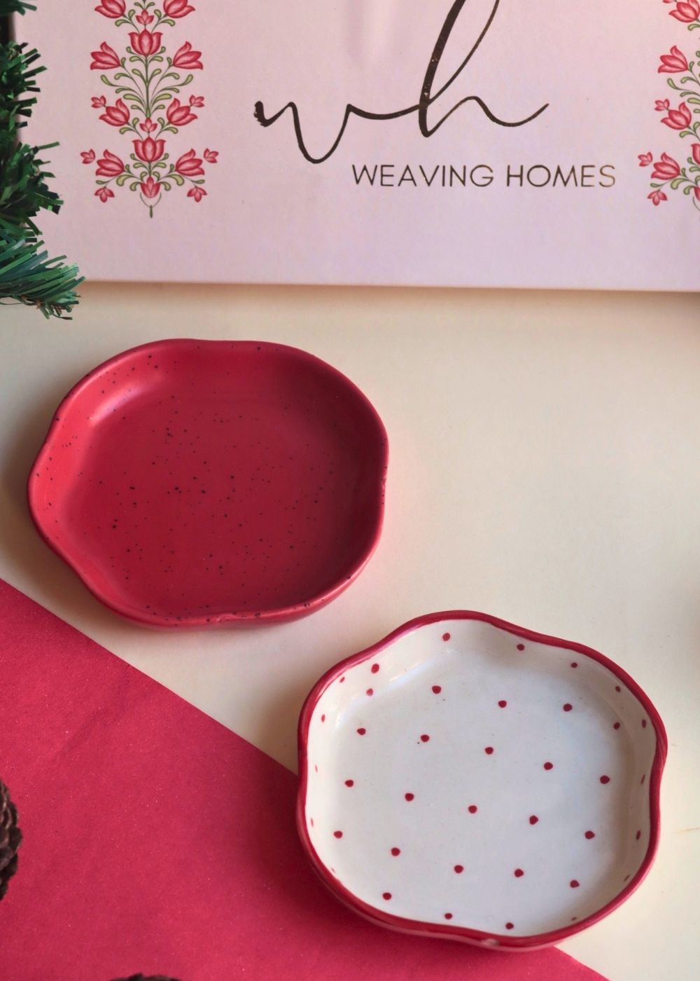 Red Polka & Red Handmade Dessert plate in a Gift Box with premium quality material