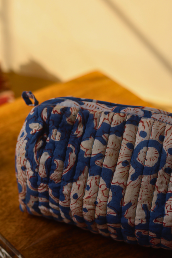 Block Printed Dark Blue Floral Toiletry Bag -  Small