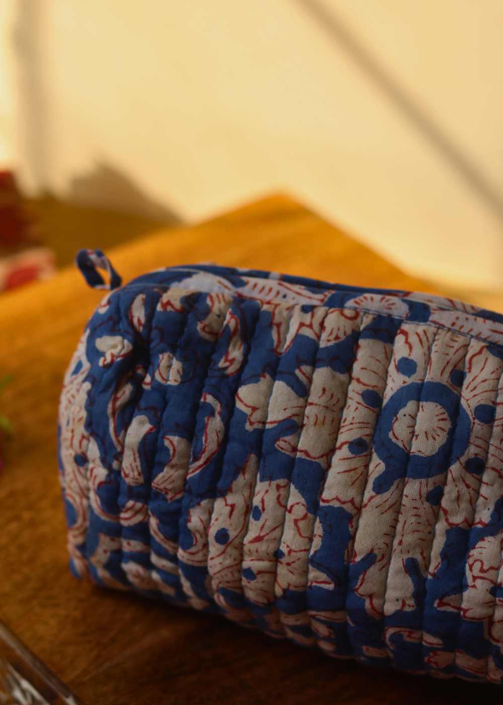 Block Printed Dark Blue Floral Toiletry Bag -  Small