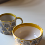 bowl & mug with yellow border white color