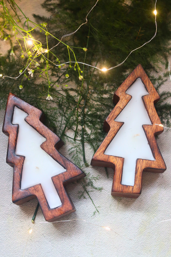 Two wooden christmas tree soy wax candle 