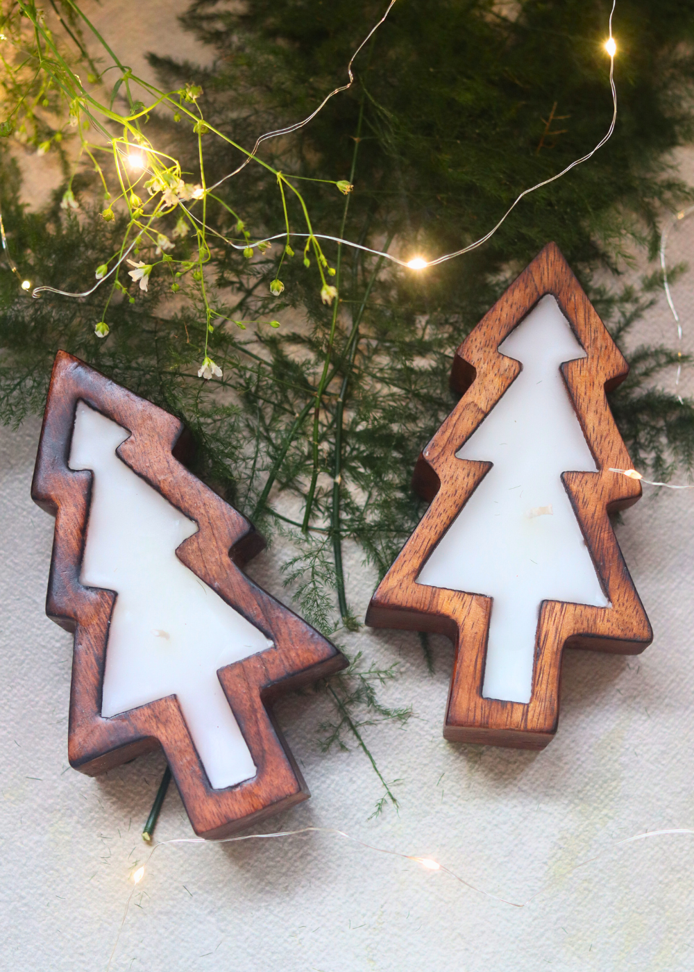 Two wooden christmas tree soy wax candle 
