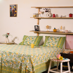 Systematic room with block print bedsheet