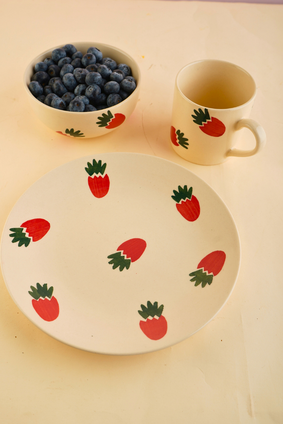 one plate, one mug & one bowl set with strawberry design