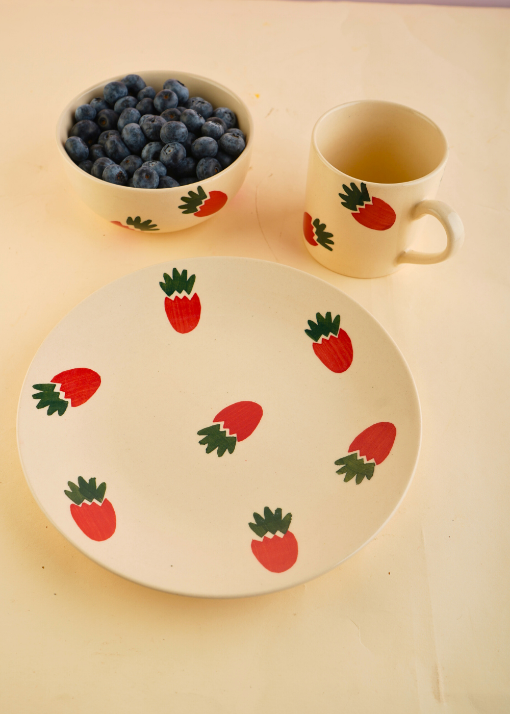 one plate, one mug & one bowl set with strawberry design