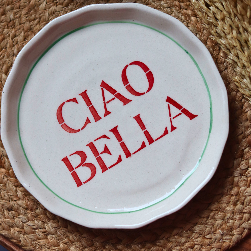 Handmade ceramic plate with quote ciao bella 