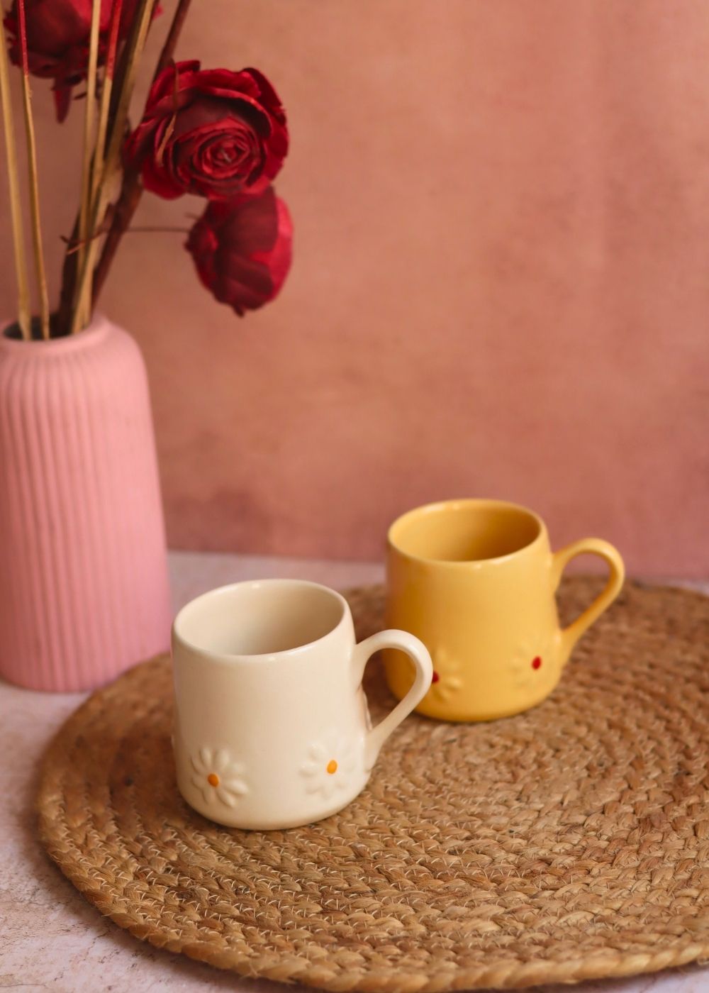 Set of 2 - Yellow & White Lily Mugs made by ceramic