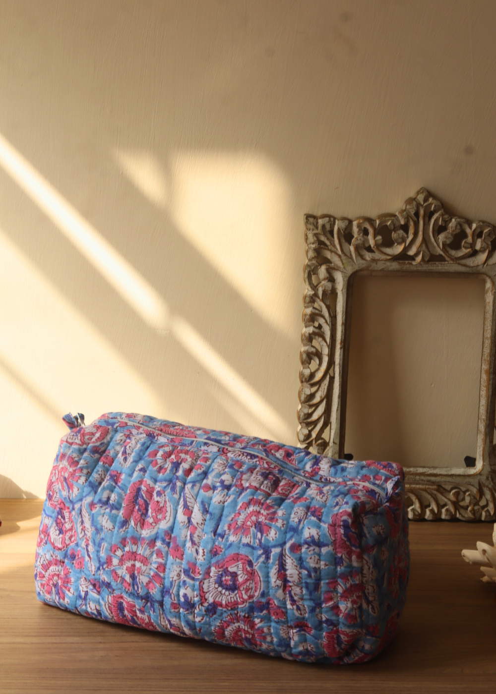 Blue floral toiletry bag block printed large