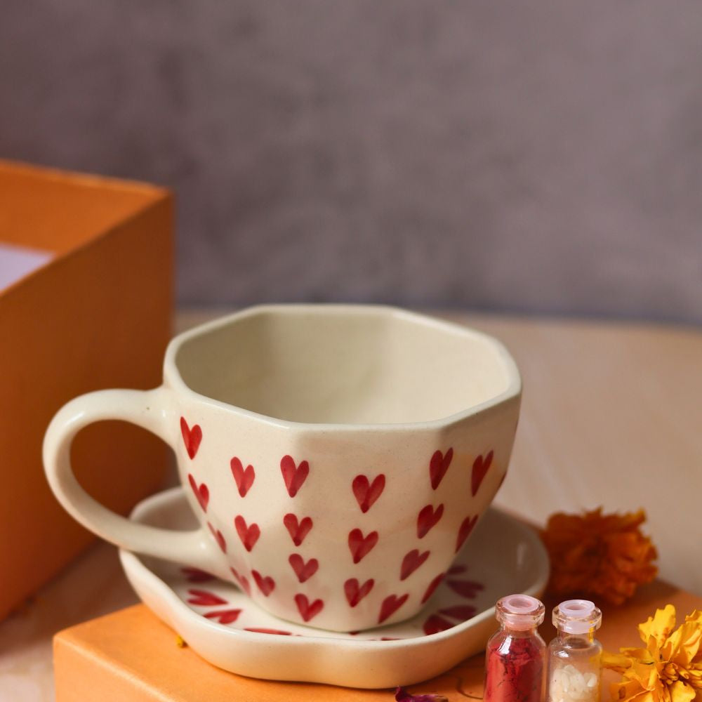 handmade heart mug & all heart dessert plate rakhi gift box