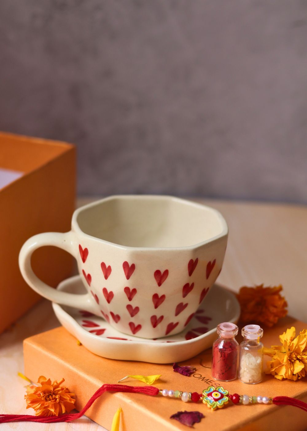 handmade heart mug & all heart dessert plate rakhi gift box