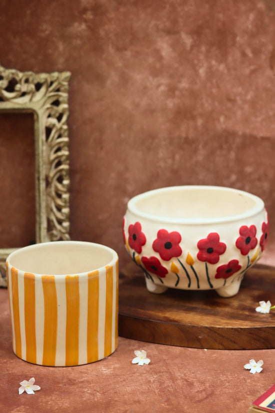 Poppy Fields & Yellow Striped Planters combo made by ceramic