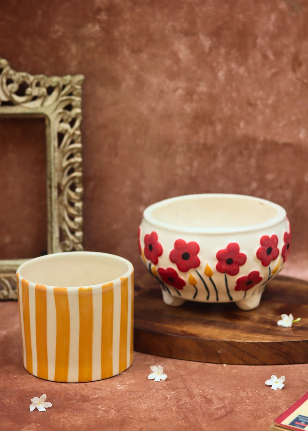 Poppy Fields & Yellow Striped Planters combo made by ceramic