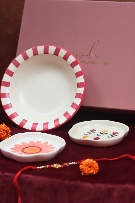 Set of 3 - Red Striped pasta plate, Pastel tulip & Flower Handmade dessert plate combo Rakhi Gift box handmade in India