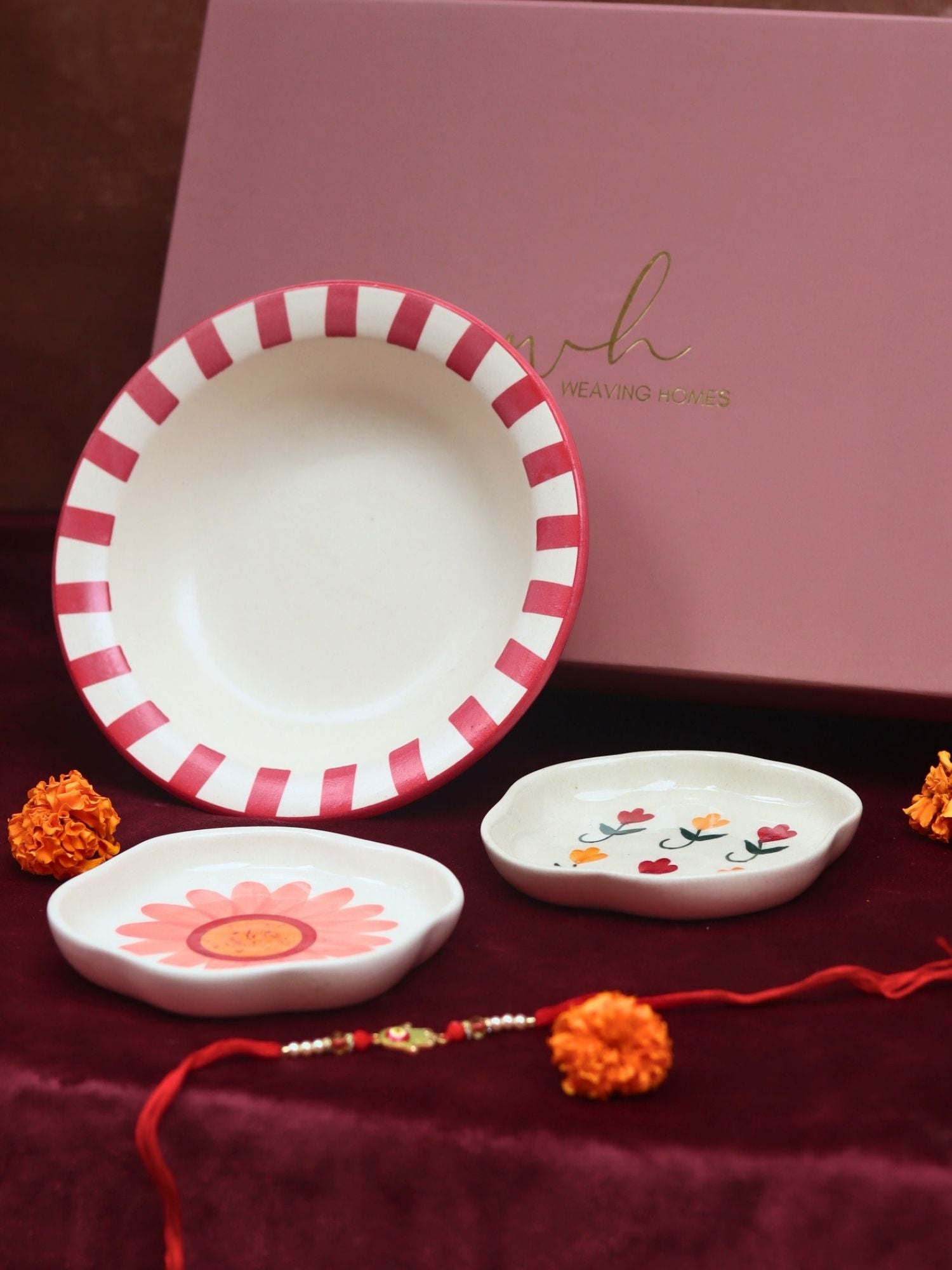Set of 3 - Red Striped pasta plate, Pastel tulip & Flower Handmade dessert plate combo Rakhi Gift box handmade in India