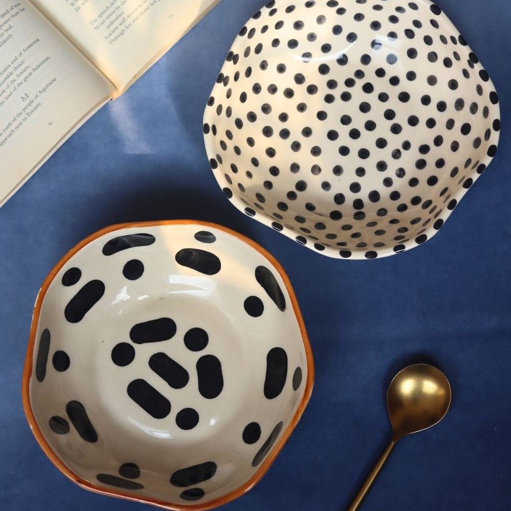 Black Block & Black polka Bowls - Set of 2 made by ceramic