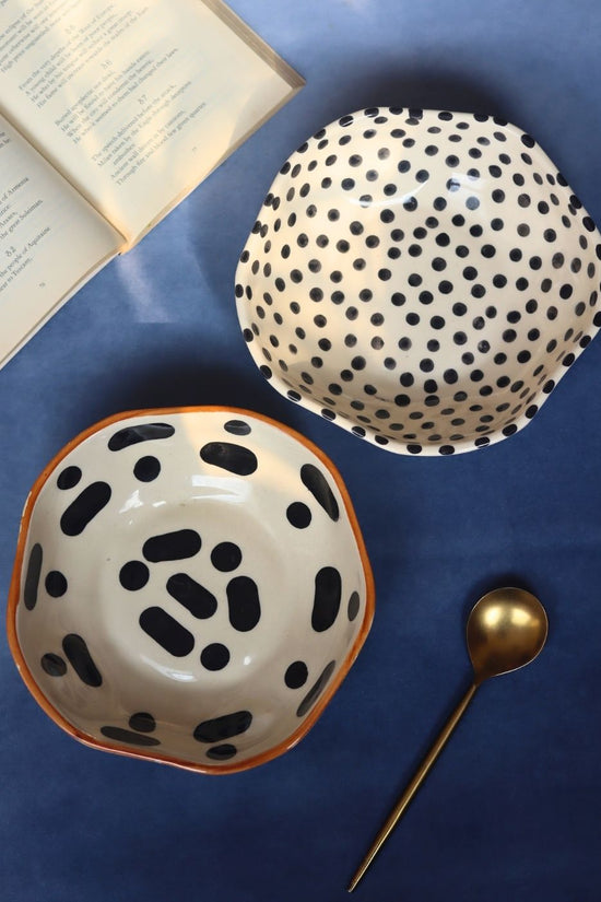 Black Block & Black polka Bowls - Set of 2 made by ceramic