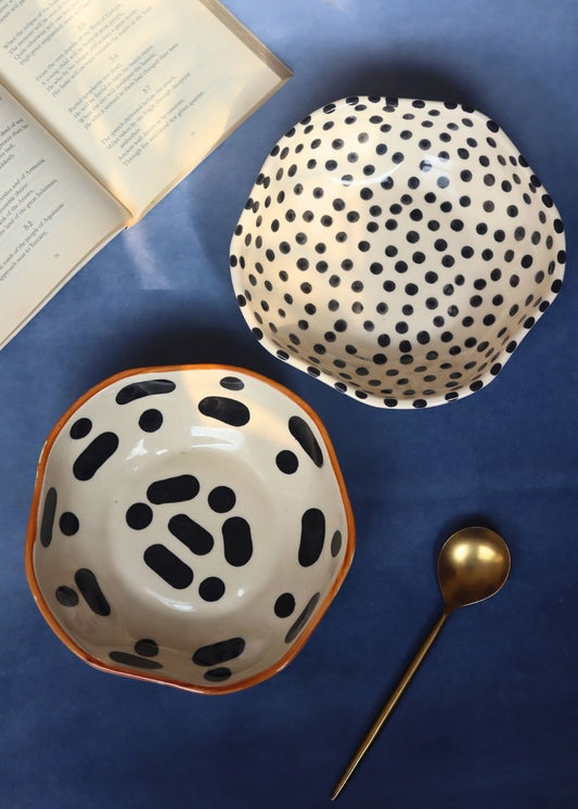 Black Block & Black polka Bowls - Set of 2 made by ceramic