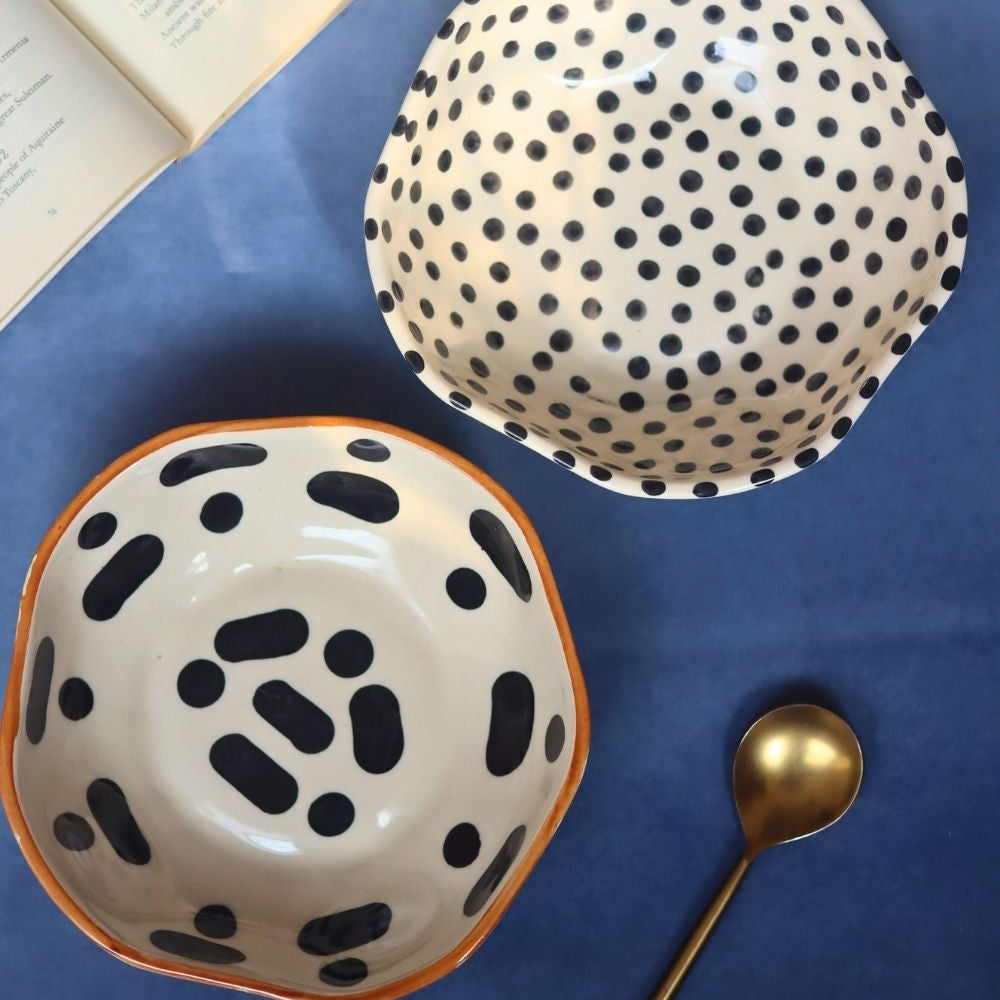 handmade Black Block & Black polka Bowls - Set of 2