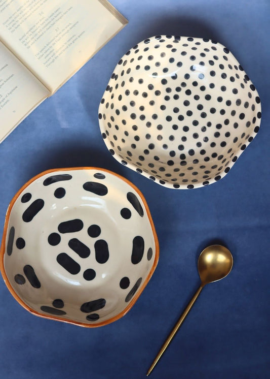 handmade Black Block & Black polka Bowls - Set of 2