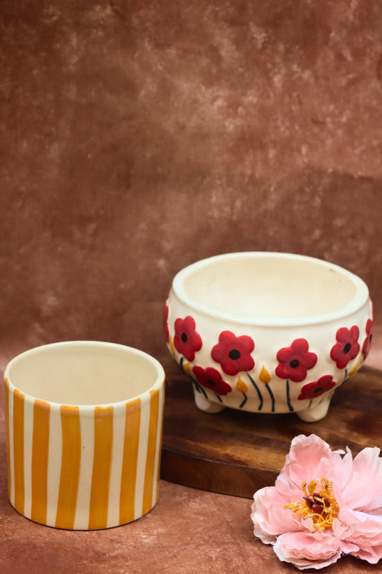 Poppy Fields & Yellow Striped Planters combo handmade in India