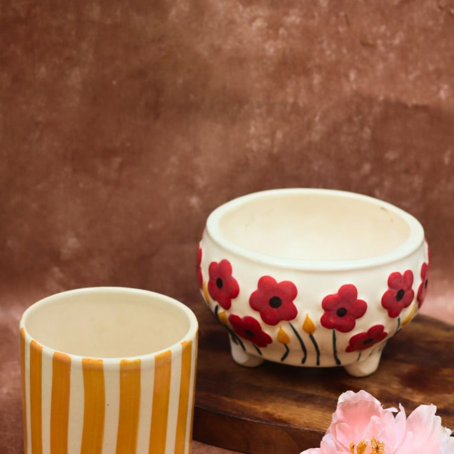 Poppy Fields & Yellow Striped Planters combo handmade in India