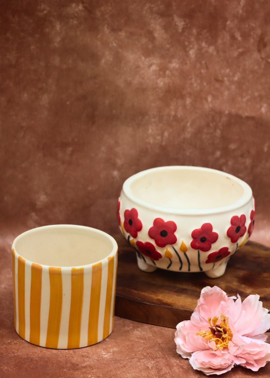Poppy Fields & Yellow Striped Planters combo handmade in India