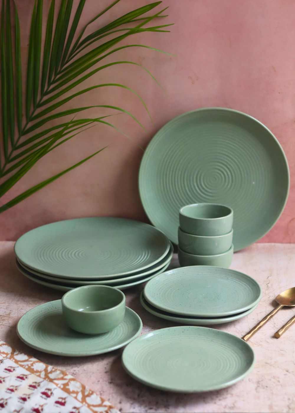 Set of 12 - Sage Green Dinner set handmade in india