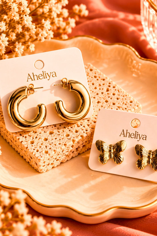 Set of 2 - Chunky U-Shaped & ButterFly Studs Earrings combo