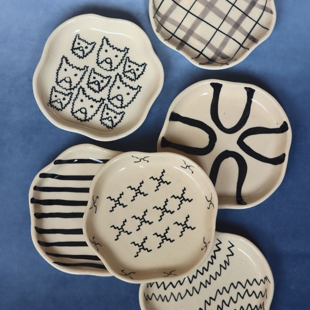 Handmade Set of 6 {black and white} handmade dessert plates (For the price of 5)