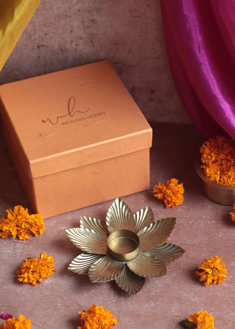 Handmade Golden Flower Tea Light Holder Diwali Gift Box