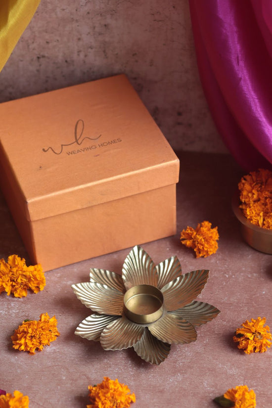 Handmade Golden Flower Tea Light Holder Diwali Gift Box