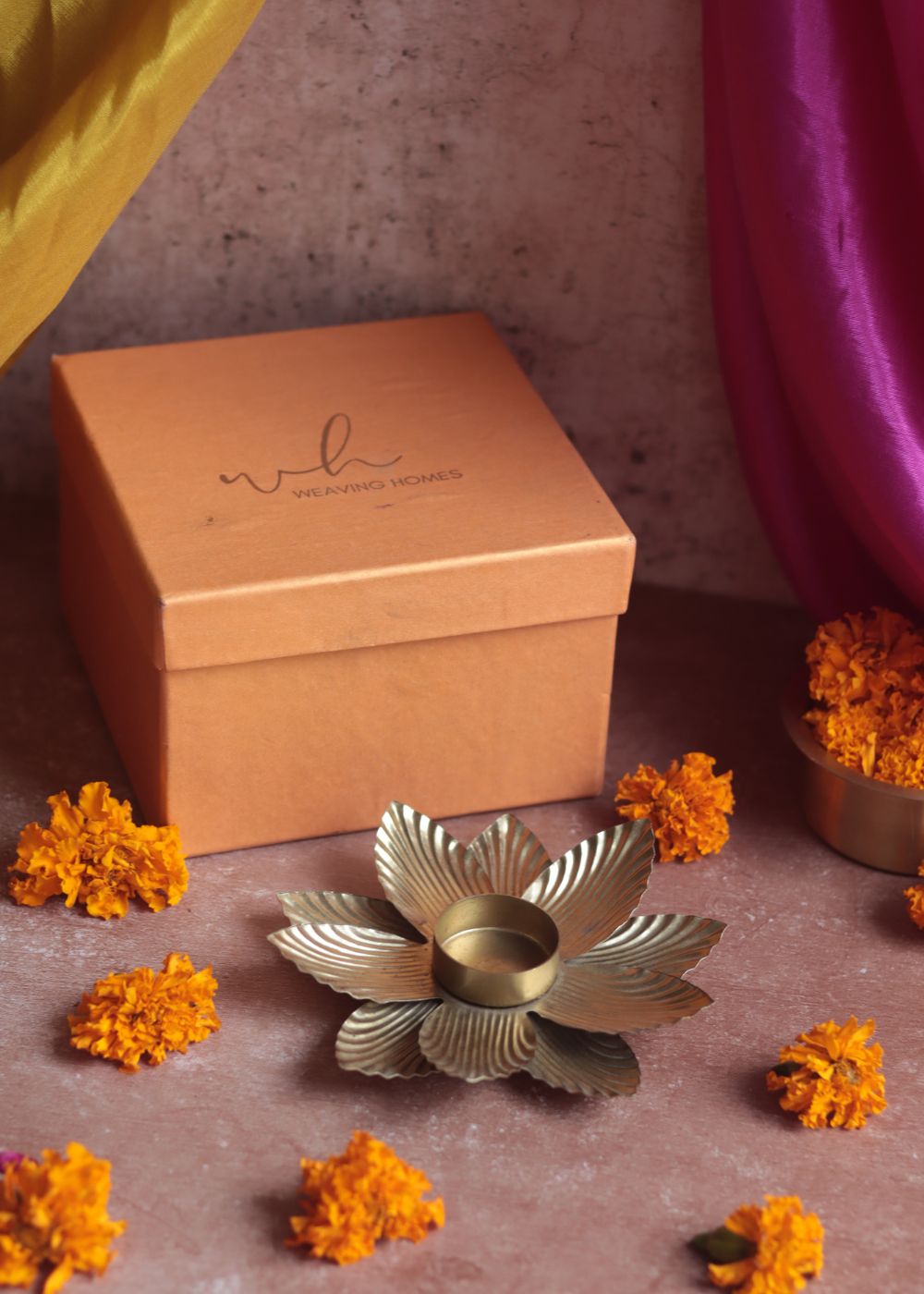 Golden Flower Tea Light Holder Diwali Gift Box made by metal