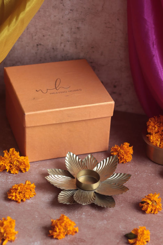 Golden Flower Tea Light Holder Diwali Gift Box made by metal
