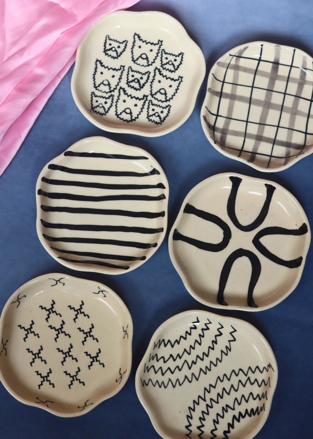 Set of 6 {black and white} handmade dessert plates (For the price of 5) handmade in India