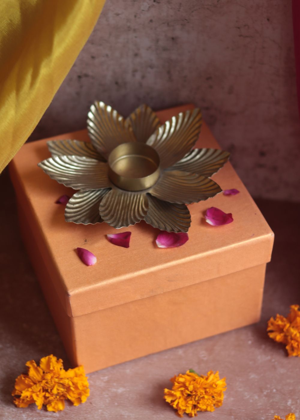 Golden Flower Tea Light Holder Diwali Gift Box handmade in india