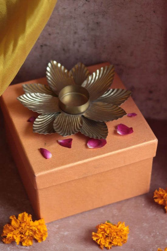 Golden Flower Tea Light Holder Diwali Gift Box handmade in india