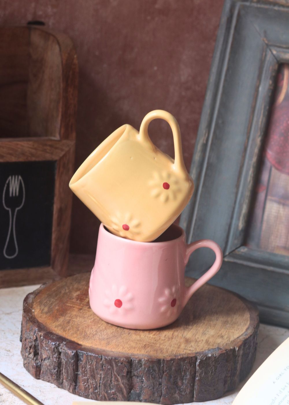 Set of 2 - Yellow & Pink Lily Mug handmade in india