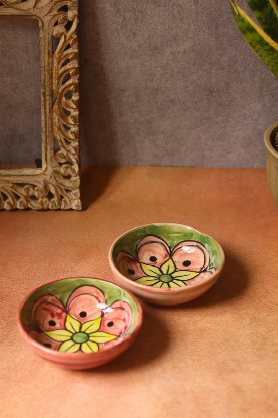 Handmade ceramic bowls green & pink