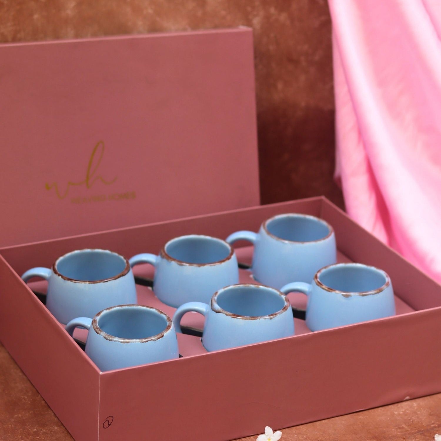 handmade Set of 6 - Sky Blue Ovule Shape Tea Cups in a gift box
