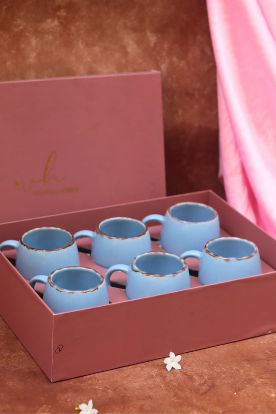 handmade Set of 6 - Sky Blue Ovule Shape Tea Cups in a gift box