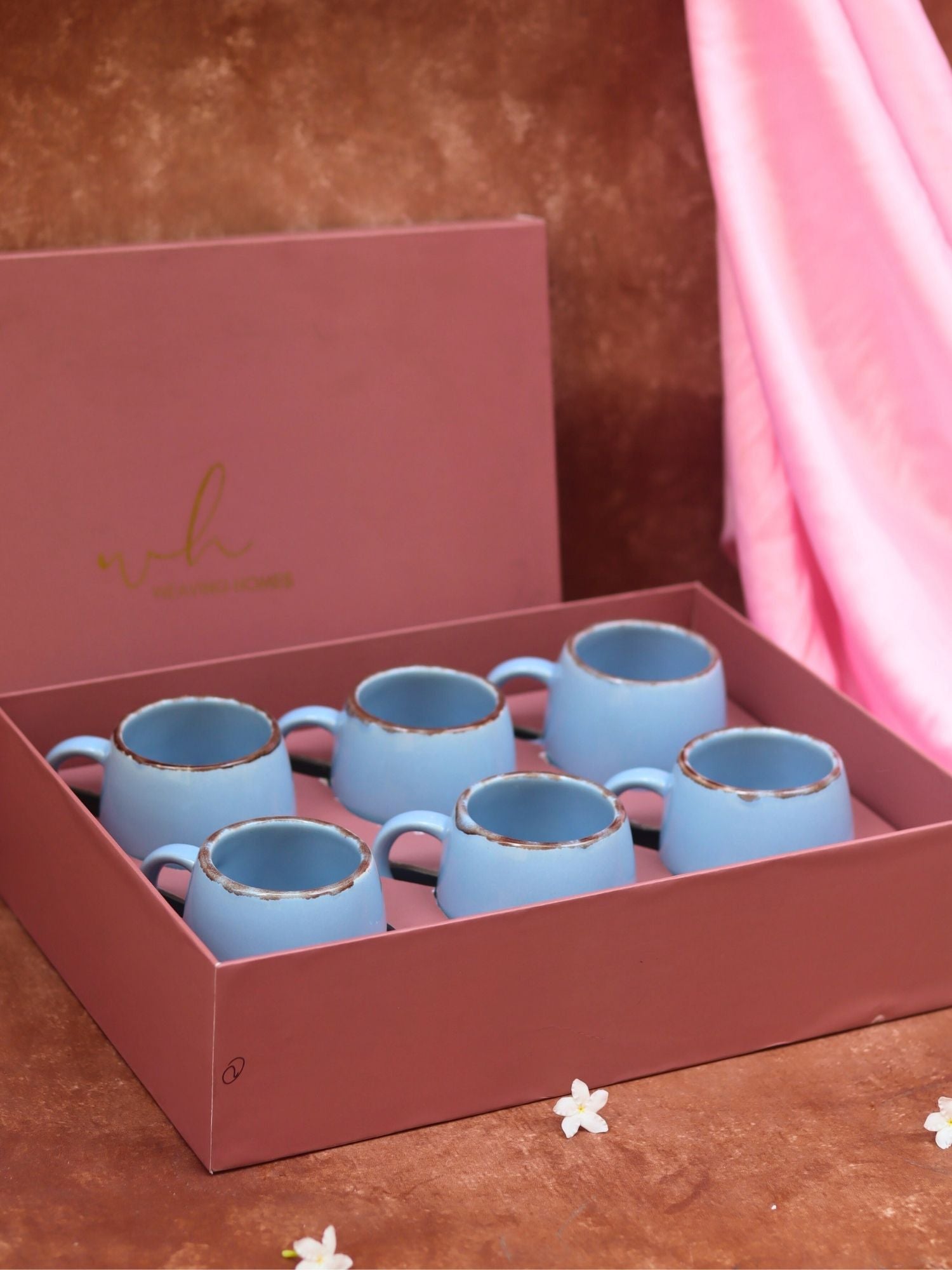 handmade Set of 6 - Sky Blue Ovule Shape Tea Cups in a gift box