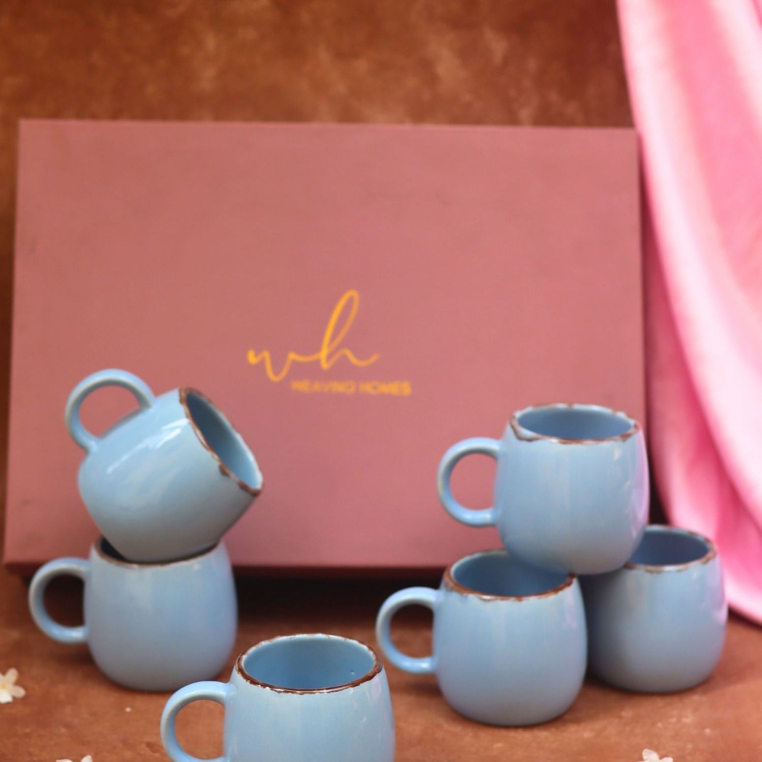 Set of 6 - Sky Blue Ovule Shape Tea Cups in a gift box made by ceramic