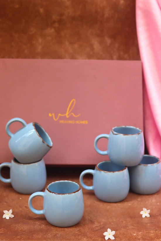 Set of 6 - Sky Blue Ovule Shape Tea Cups in a gift box made by ceramic