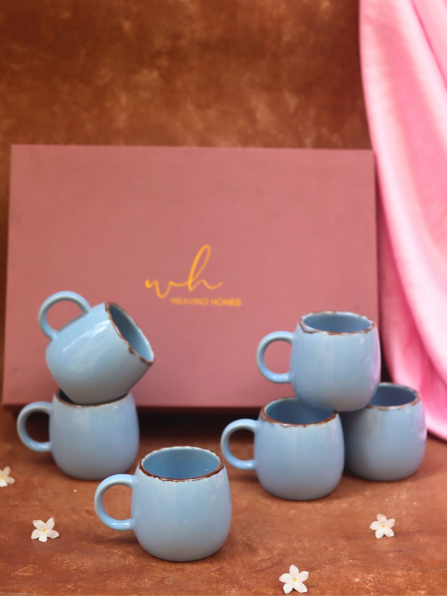 Set of 6 - Sky Blue Ovule Shape Tea Cups in a gift box made by ceramic