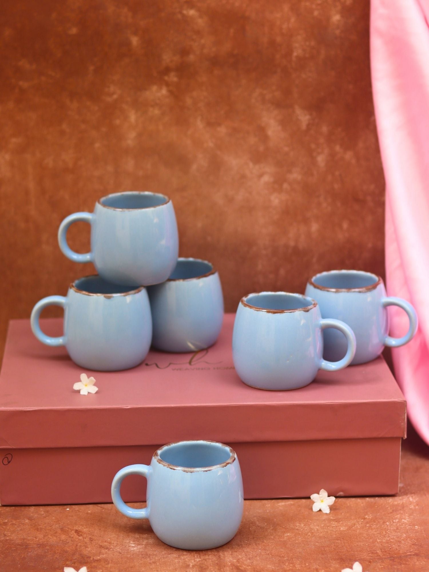 Set of 6 - Sky Blue Ovule Shape Tea Cups in a gift box with premium quality material