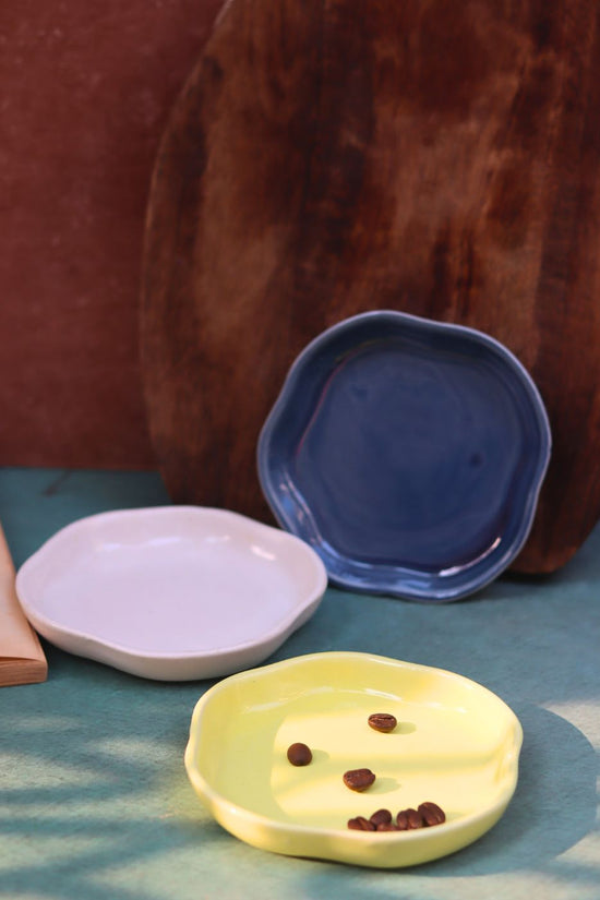 Handmade Metallic Blue, Sunshine Yellow & White Handmade Dessert Plate - Set of 3