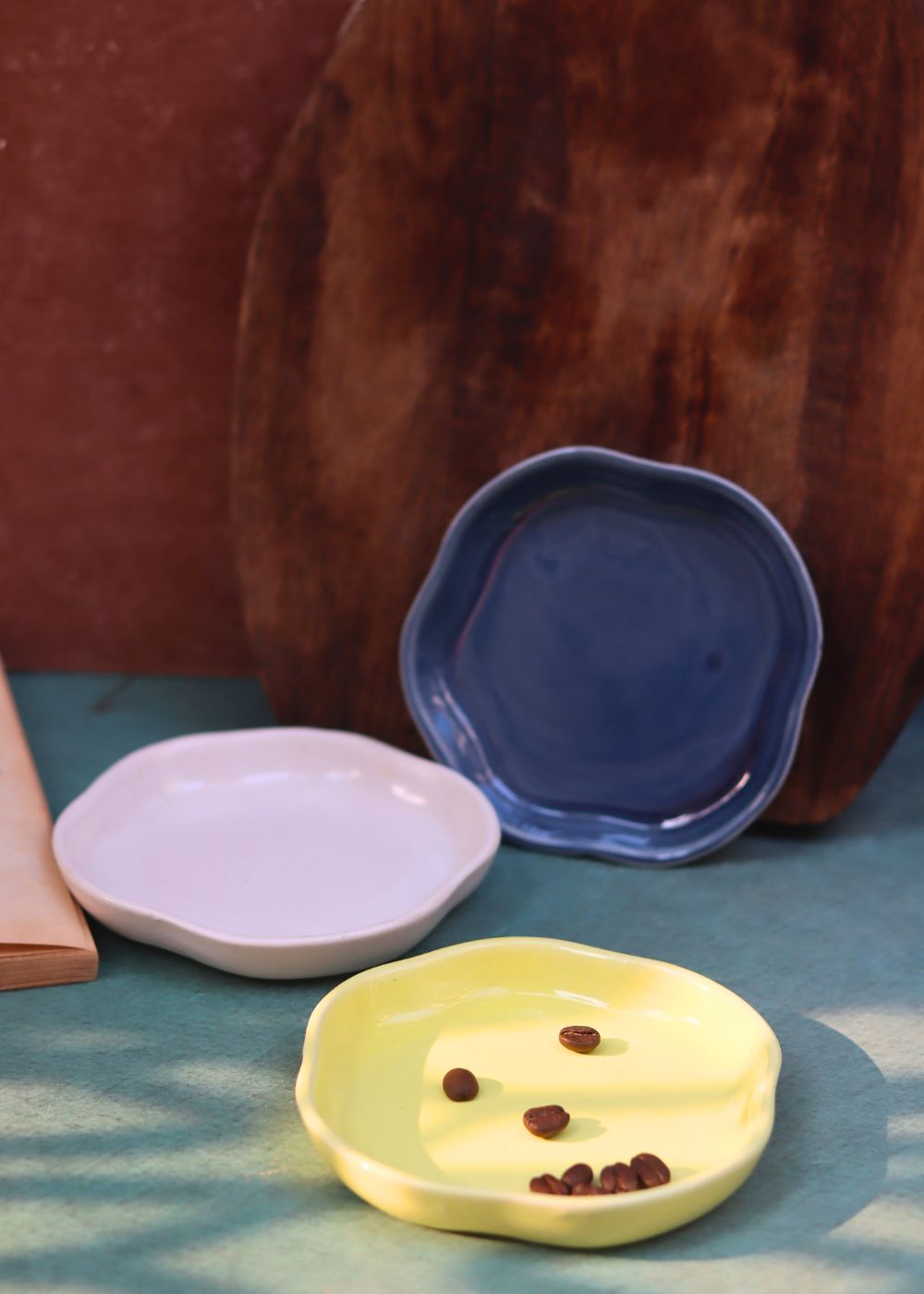 Handmade Metallic Blue, Sunshine Yellow & White Handmade Dessert Plate - Set of 3